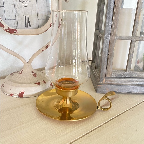 Other - Vintage Chamberstick Brass Hurricane Candle Holder with Clear Optic Glass NEW